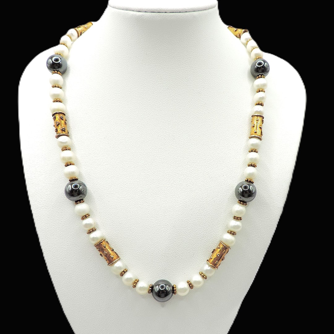 Akoya Cultured Pearl Necklace Gold On Silver Beads & Clasp - 4