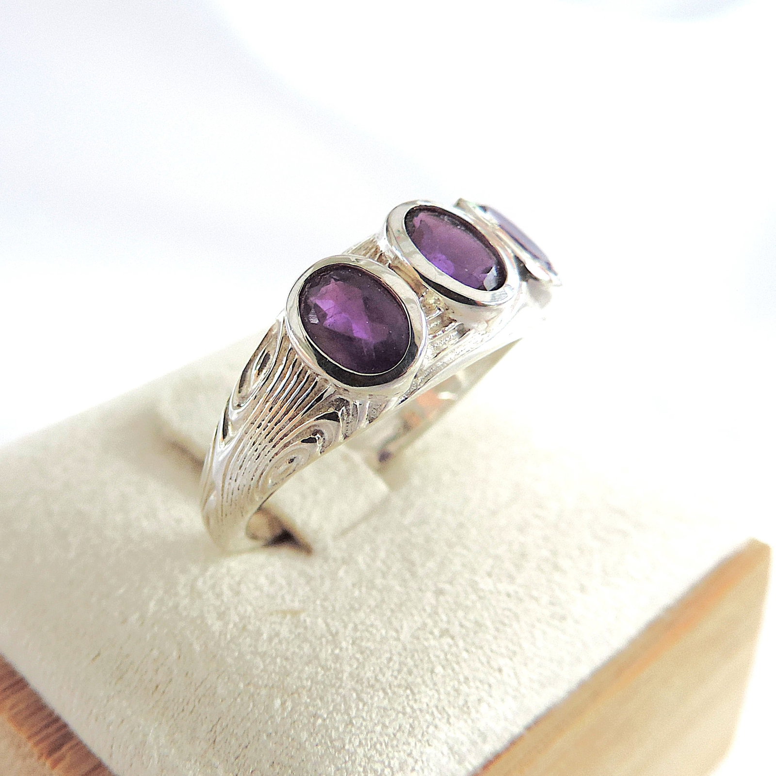 925 Silver Amethyst Trilogy Gemstone Ring 'New' - 2