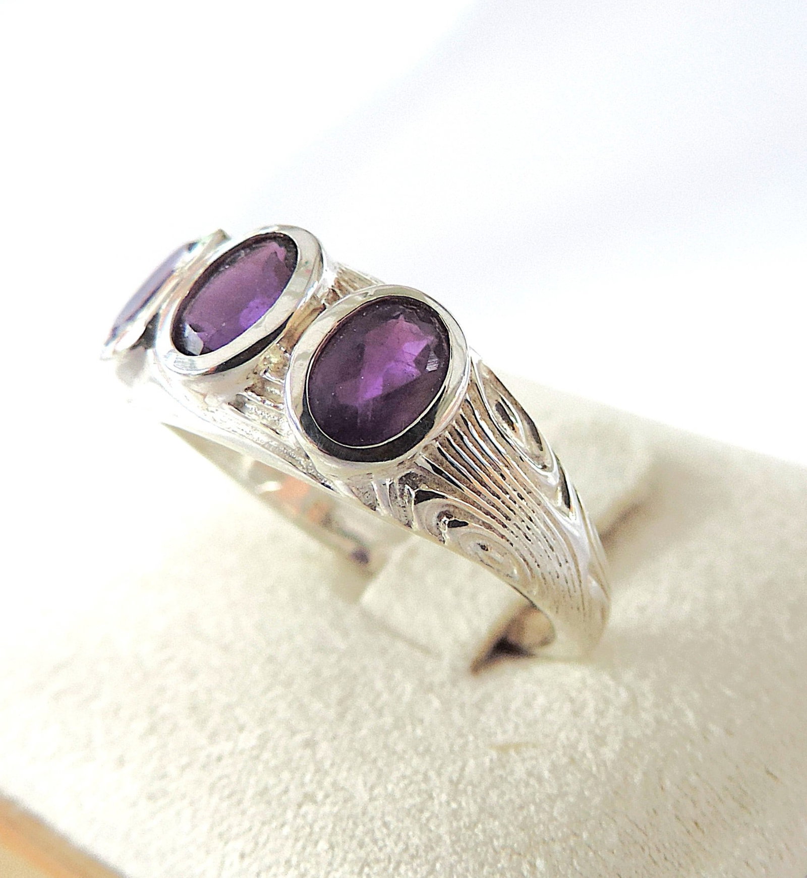 925 Silver Amethyst Trilogy Gemstone Ring 'New' - 3