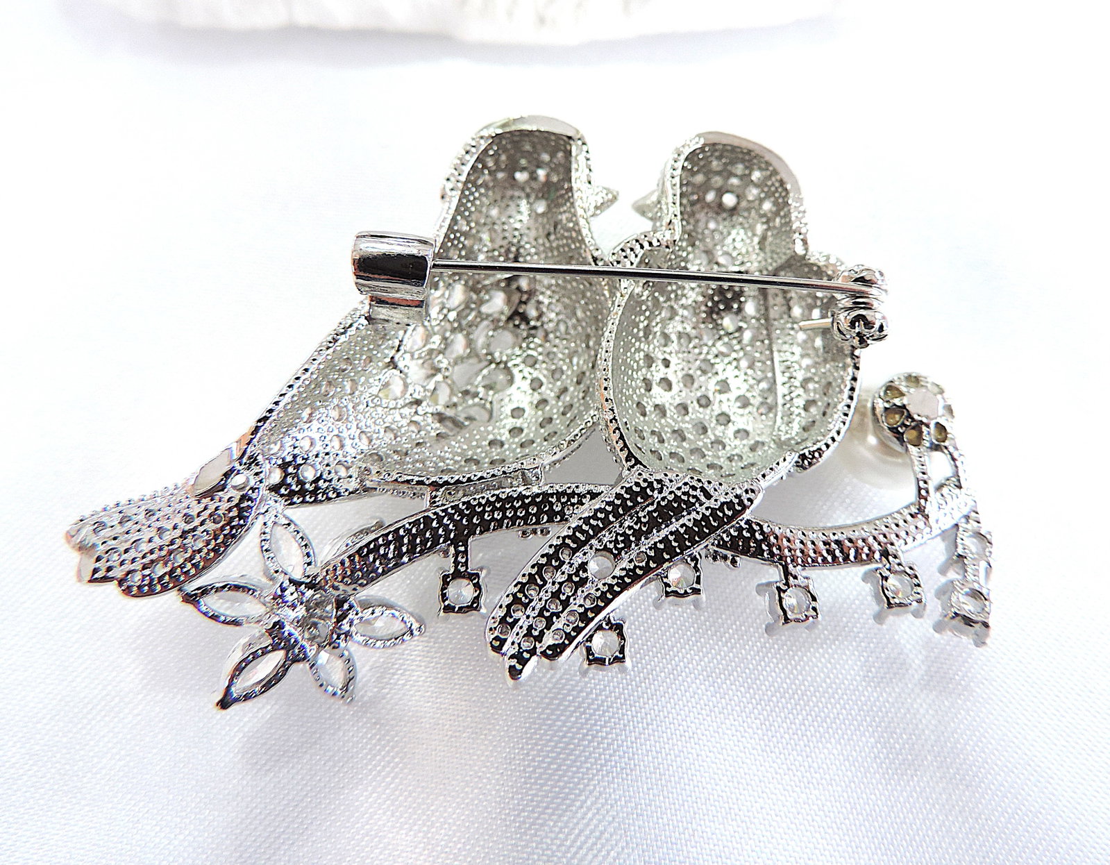 Silver White Zircon Gemstone Lovebirds Brooch With Gift Box - 5