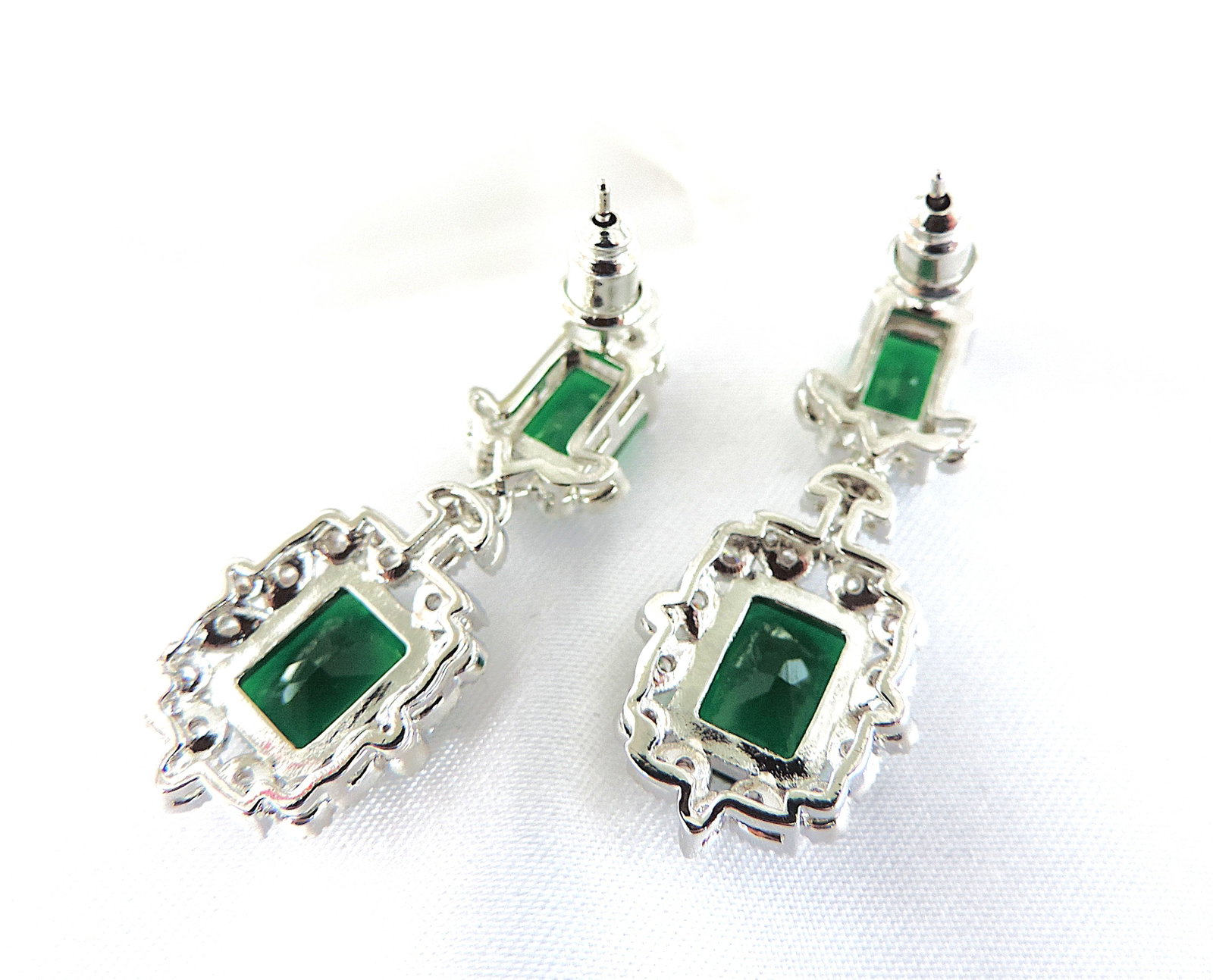 Emerald Green & White Zircon Drop Cocktail Earrings 'New' - 2