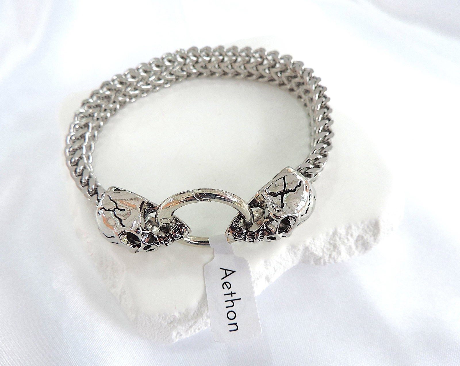 Men's Aethon Designer Stainless Steel Double Skull Head Bracelet 'New' - 2