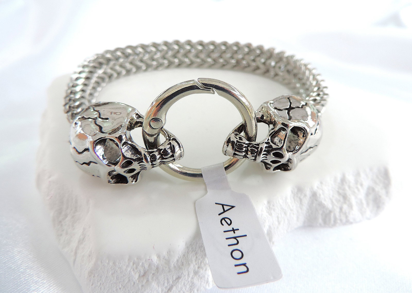 Men's Aethon Designer Stainless Steel Double Skull Head Bracelet 'New' - 4