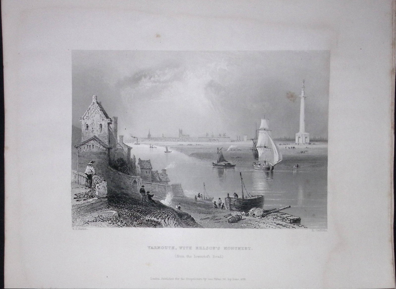 Yarmouth Nelsons Monument WH Bartlett 1842 Antique Steel Engraving-202. (1 of 1)