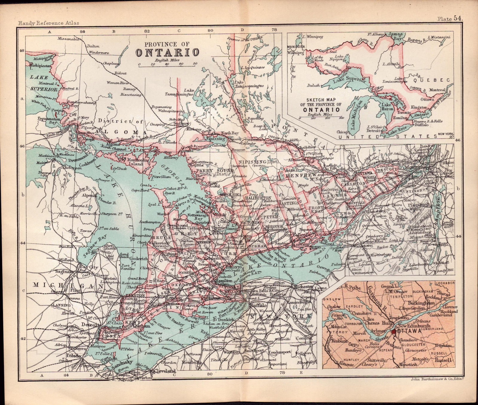 Canada Ontario Province Double Sided Antique 1896 Map.: Title: Canada Ontario Province Double Sided Antique 1896 Map. Description: This Double-Sided Map Has Been Removed From an. 1896 Edition Handy Reference Atlas by J. G. Bartholomew. Approximate Size of