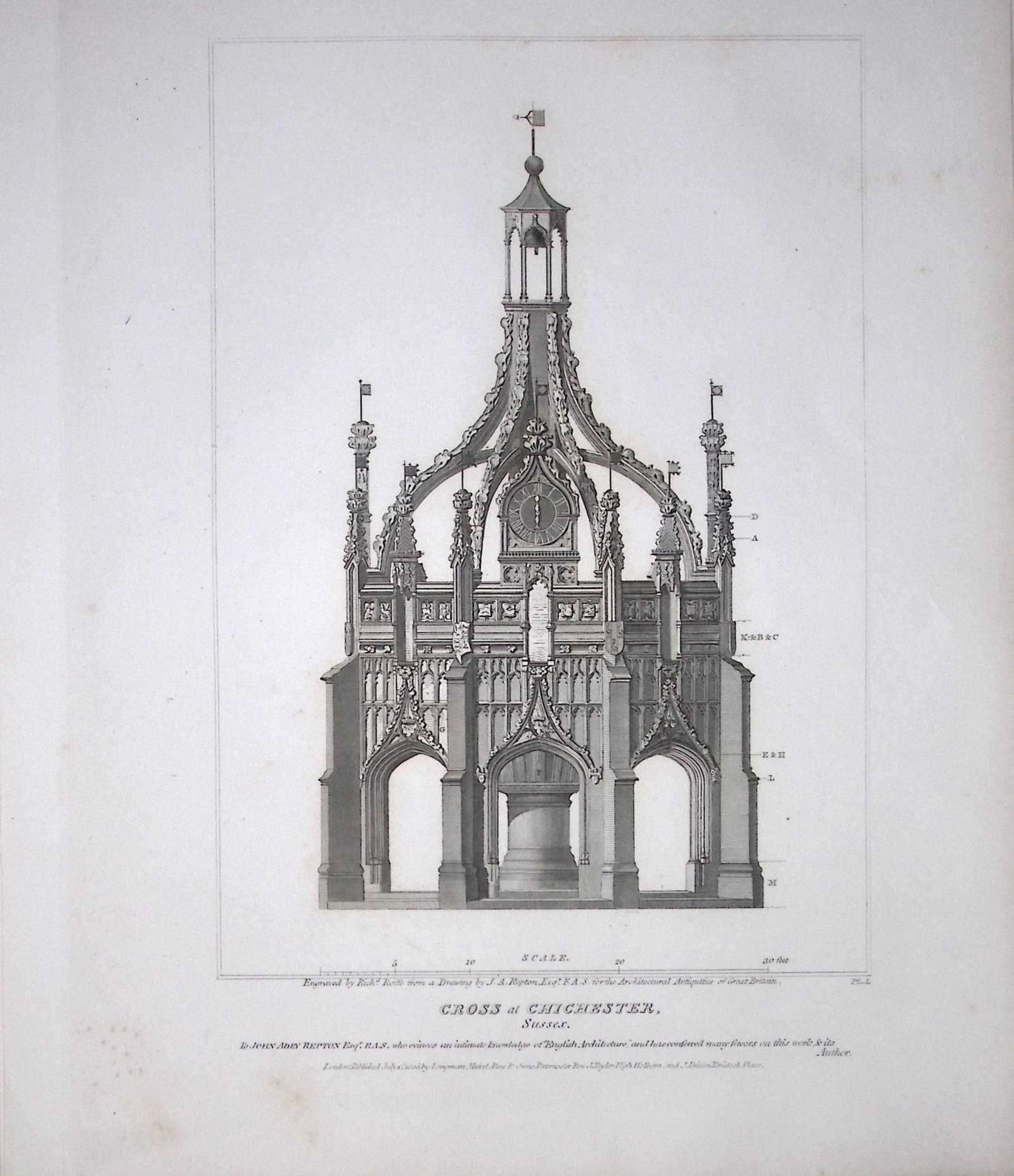 The Cross at Chichester Rare John Britton 191 Years-Old Antique Steel Engraving-31 (1 of 2)