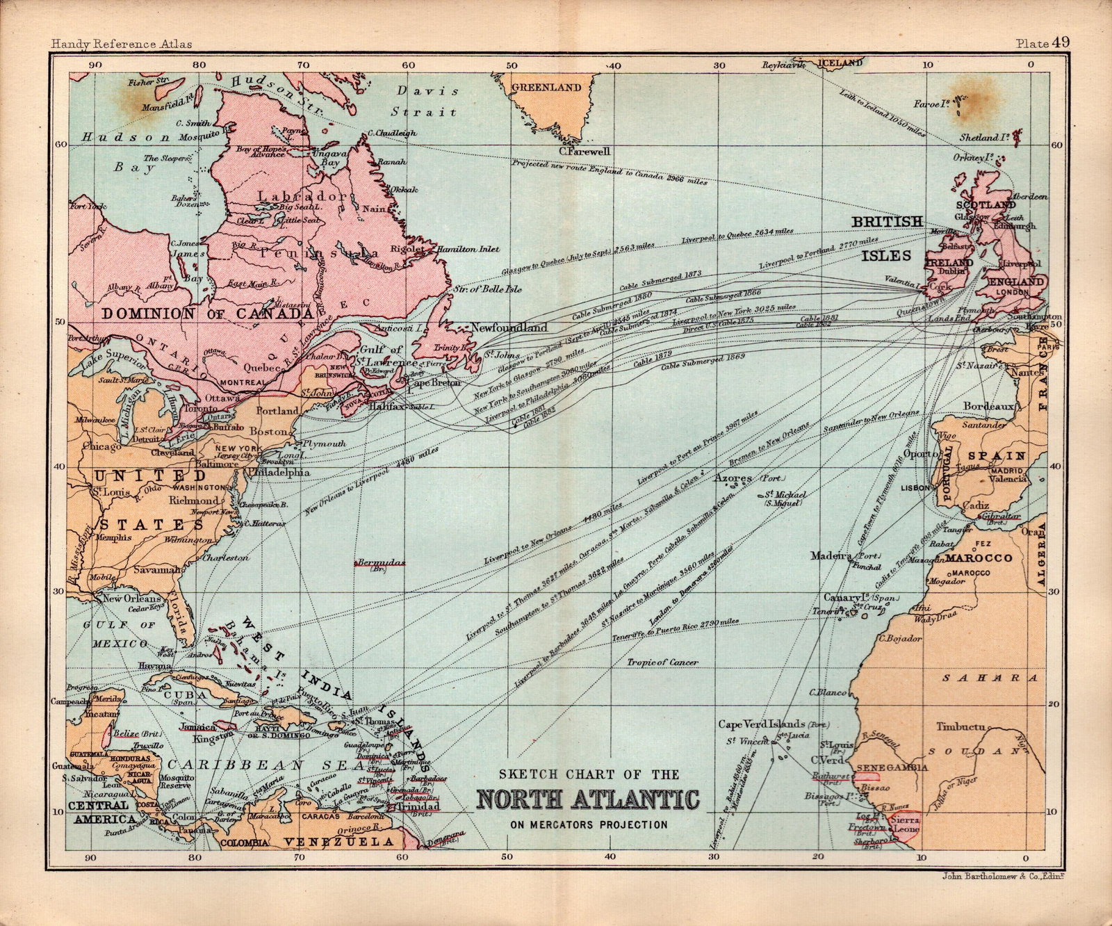 North Atlantic Chart Double Sided Victorian Antique 1898 Map.: Title: North Atlantic Chart Double Sided Victorian Antique 1898 Map. Description: This Antique Double-Sided Map Has Been Removed From an. 1896 Edition Handy Reference Atlas by J. G. Bartholomew.