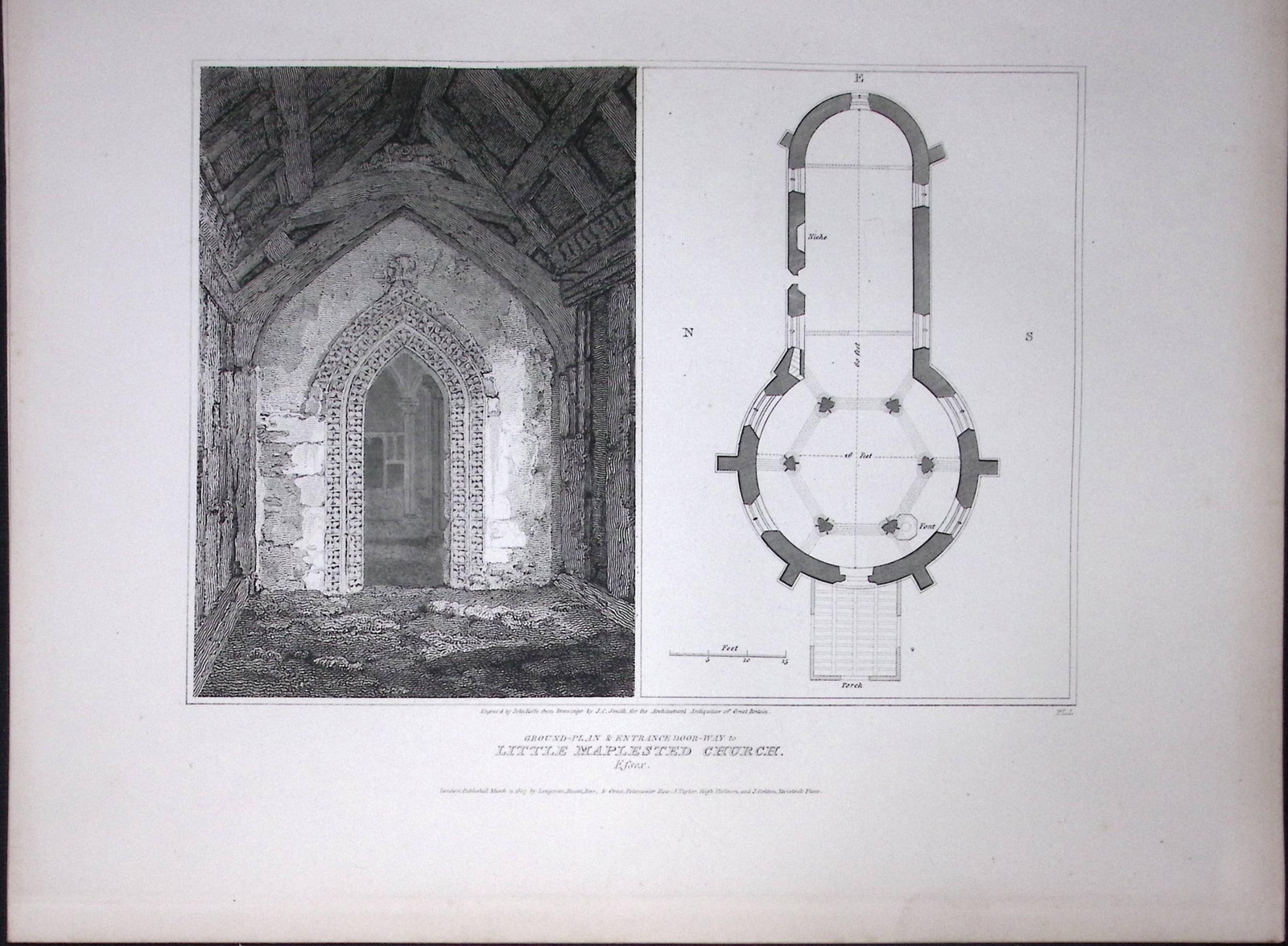 Little Maplested Church Essex Rare John Britton 191 Years-Old Antique Steel Engraving-24. (1 of 2)