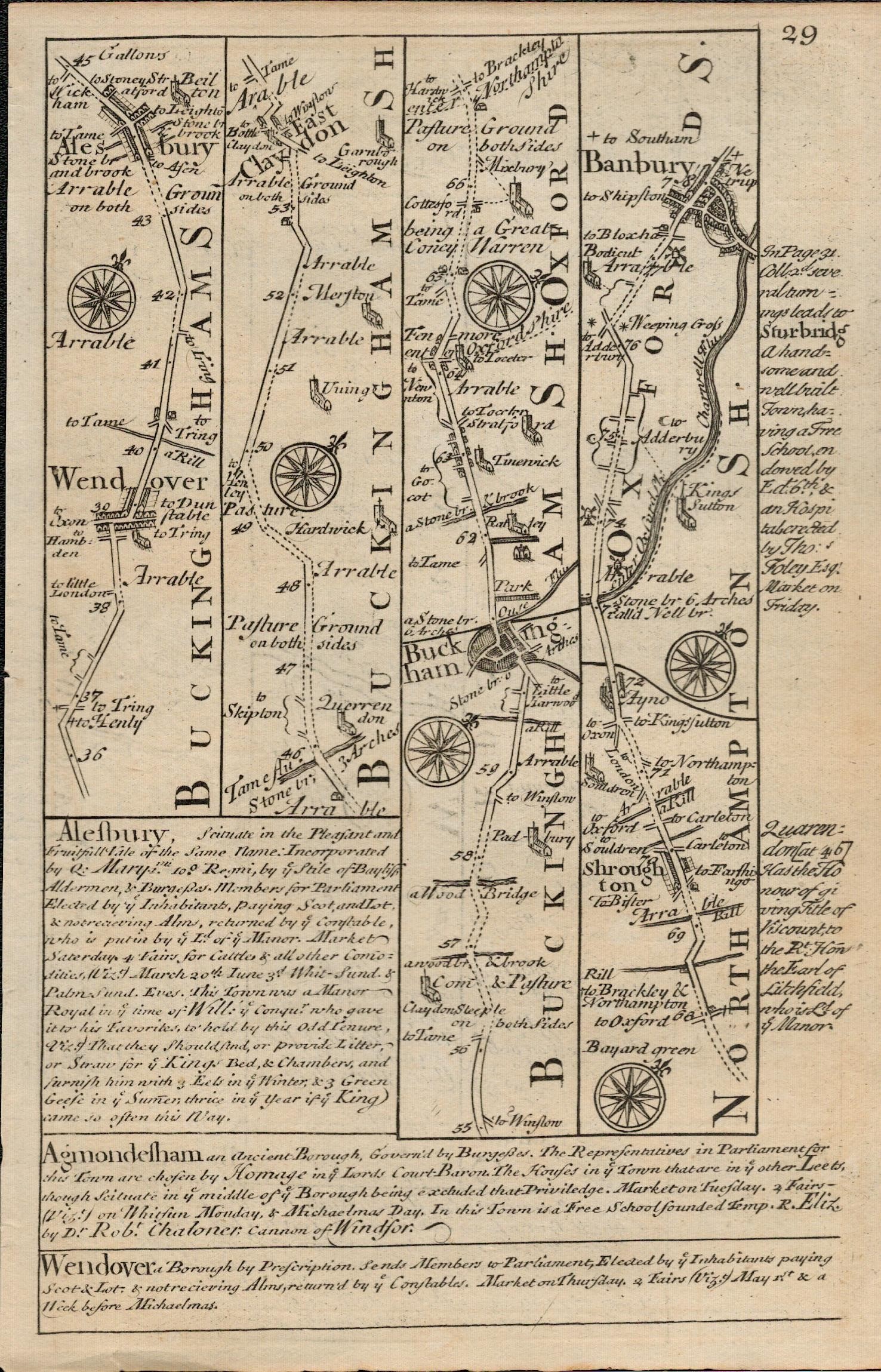 Bowen 290 Yrs Old Scarce Detailed Road Map Aylesbury, Stratford Upon Avon Banbury. - 2