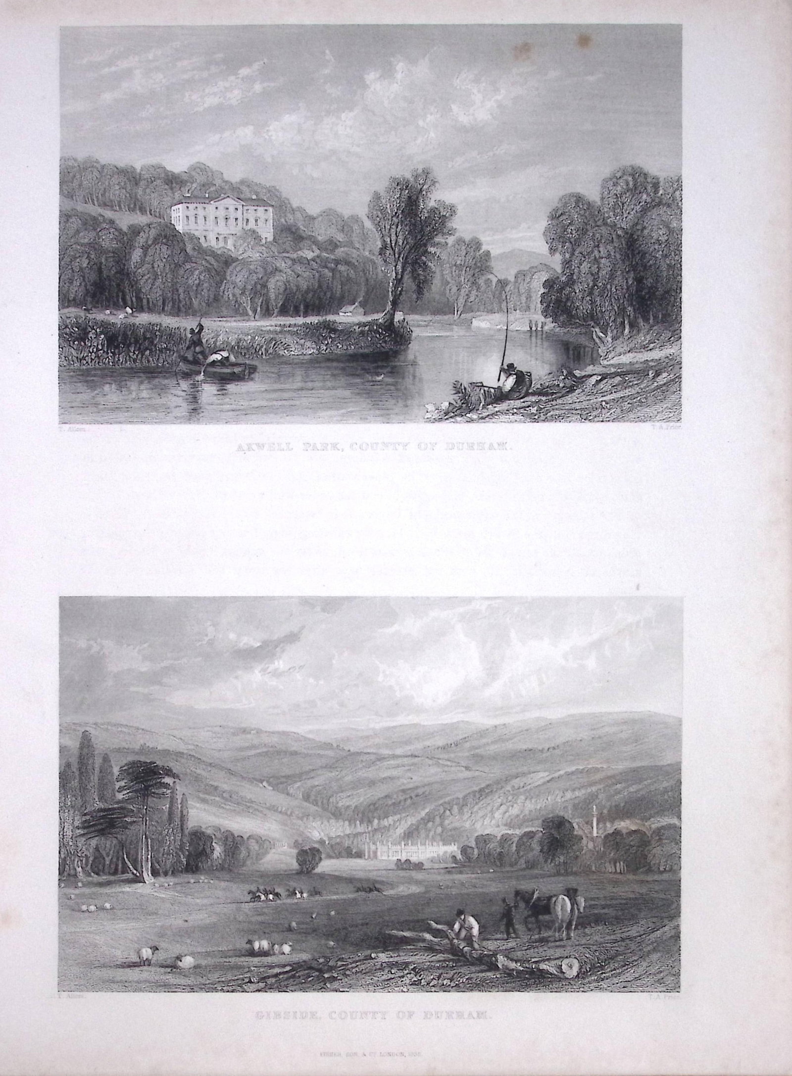 Axwell Park & Gibside Durham Antique Steel Engraving-14-TR: Title: Axwell Park & Gibside Durham Antique Steel Engraving-14-TR Description: This Double Image Steel Engraved Print Has Been Removed from an Antique 1835 Edition of. Westmorland, Cumberla