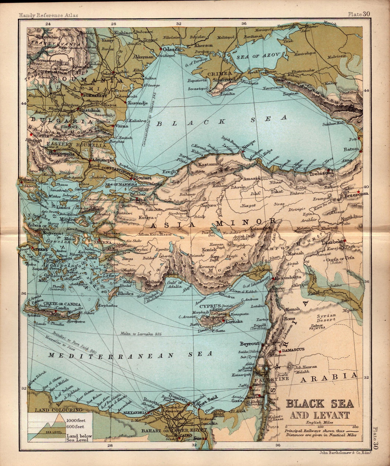 Black Sea & Levant Double Sided Victorian Antique 1898 Map.: Title: Black Sea & Levant Double Sided Victorian Antique 1898 Map. Description: This Antique Double-Sided Map Has Been Removed From an. 1896 Edition Handy Reference Atlas by J. G. Bartholom