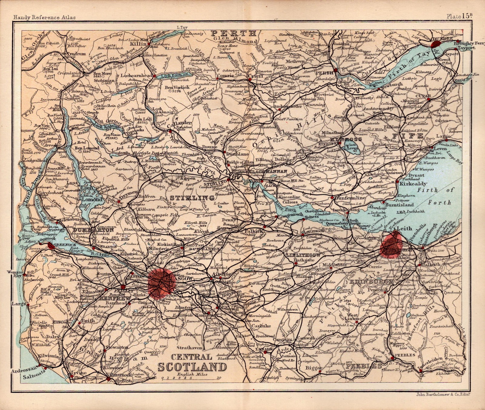 Central Scotland Area Double Sided Antique 1896 Map.: Title: Central Scotland Area Double Sided Antique 1896 Map. Description: This Antique Double-Sided Map Has Been Removed From an. 1896 Edition Handy Reference Atlas by J. G. Bartholomew. Approximate