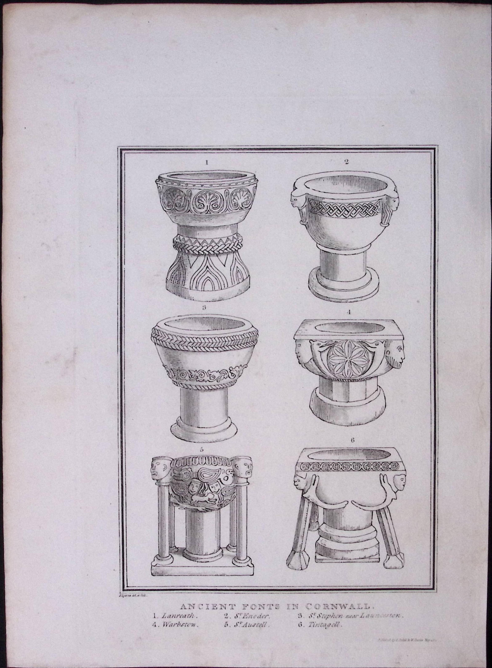Cornwall Ancient Church Fonts 211 Years-Old Rare Antique Copper Plate Etching. (1 of 2)