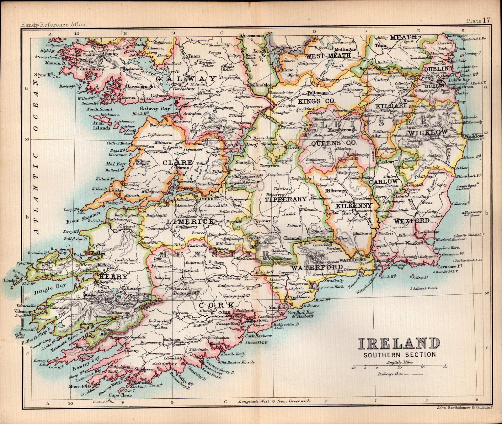 Southern Ireland Area Double Sided Antique 1896 Map.: Title: Southern Ireland Area Double Sided Antique 1896 Map. Description: This Antique Double-Sided Map Has Been Removed From an. 1896 Edition Handy Reference Atlas by J. G. Bartholomew. Approximate