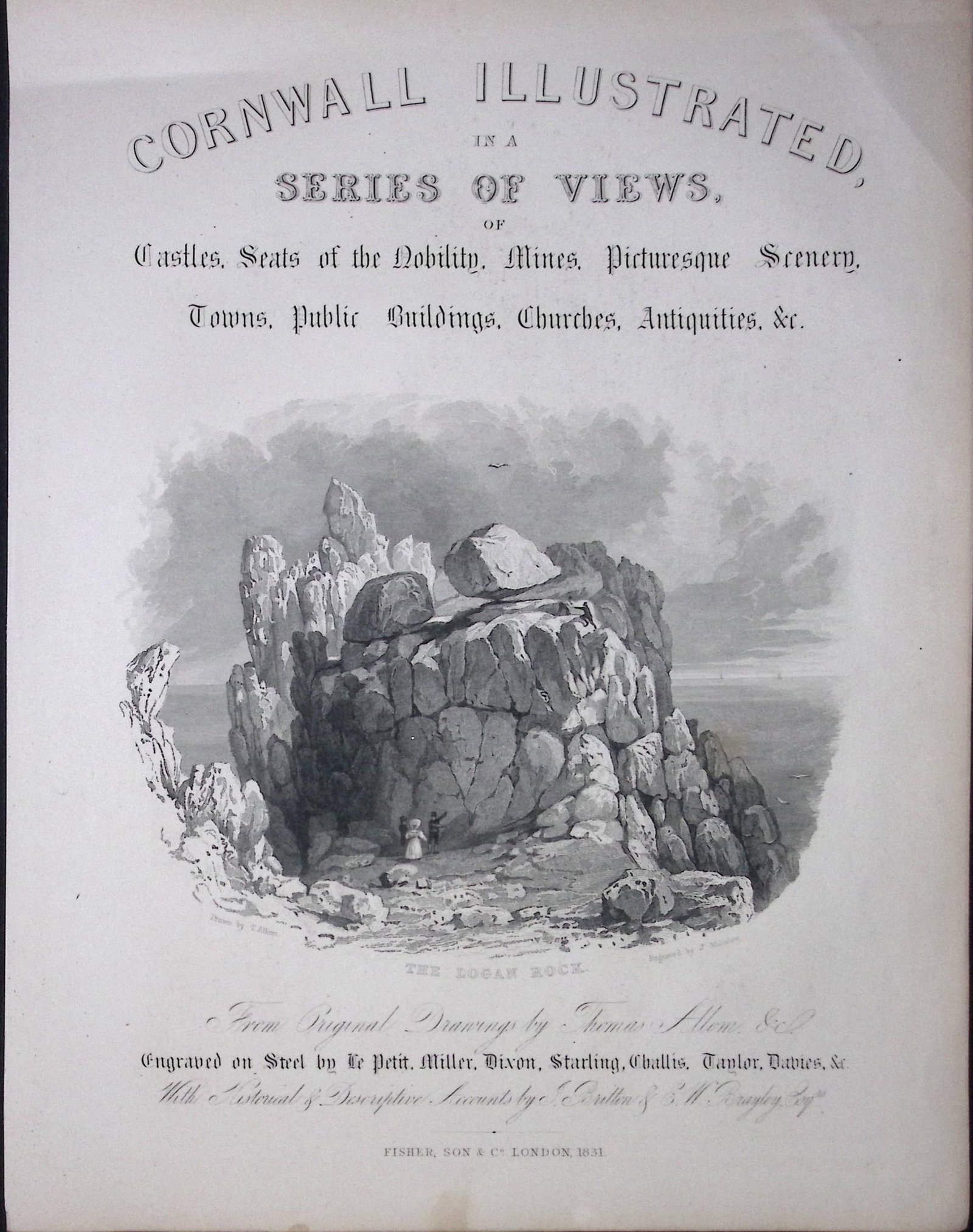 Cornwall The Logan Rock Penzance Antique 194 Years-Old Steel-Engraving. (1 of 2)