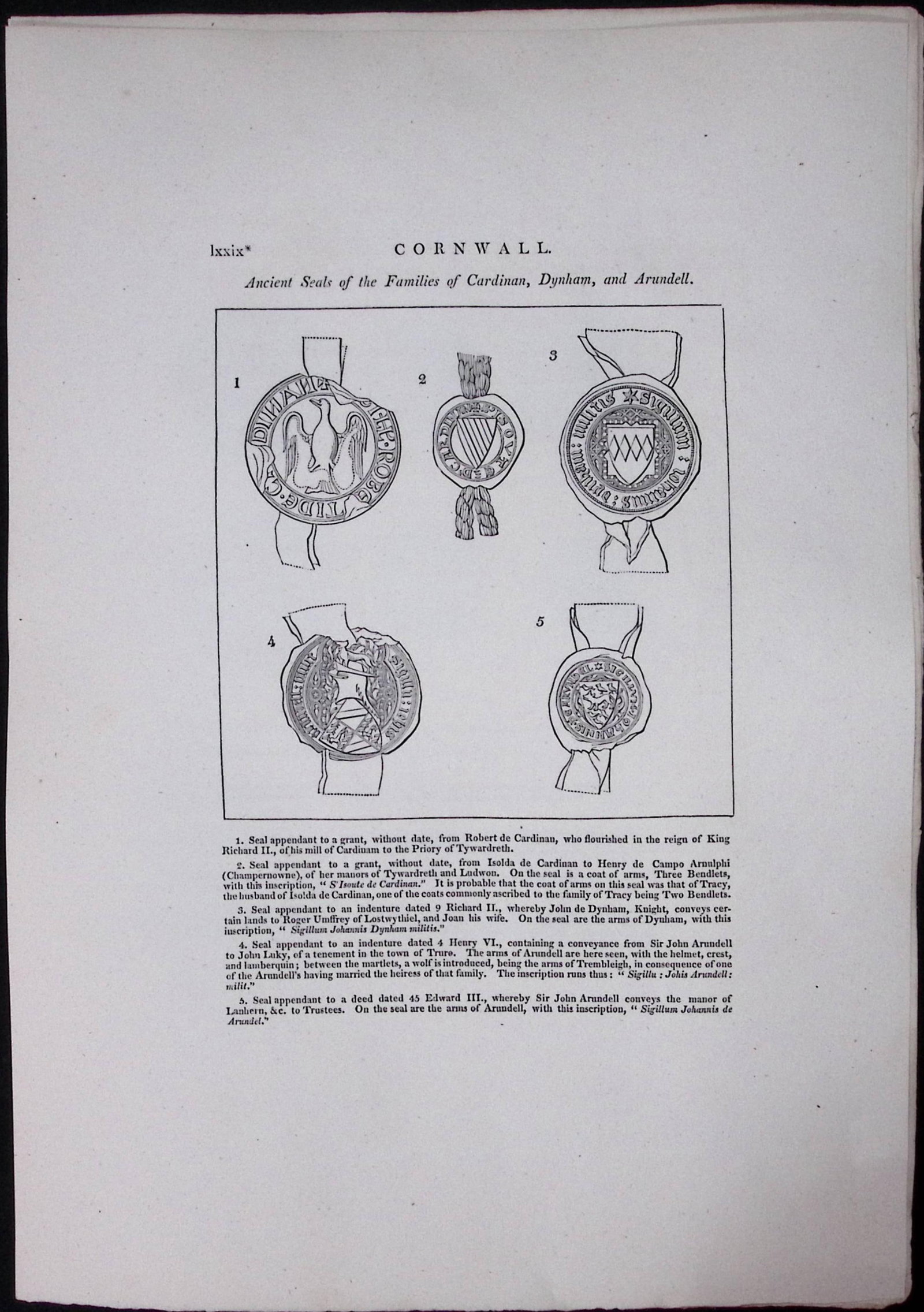 Cornwall Ancient Seals Of Families Rare Large Antique Copper Plate Etching 4. (1 of 2)