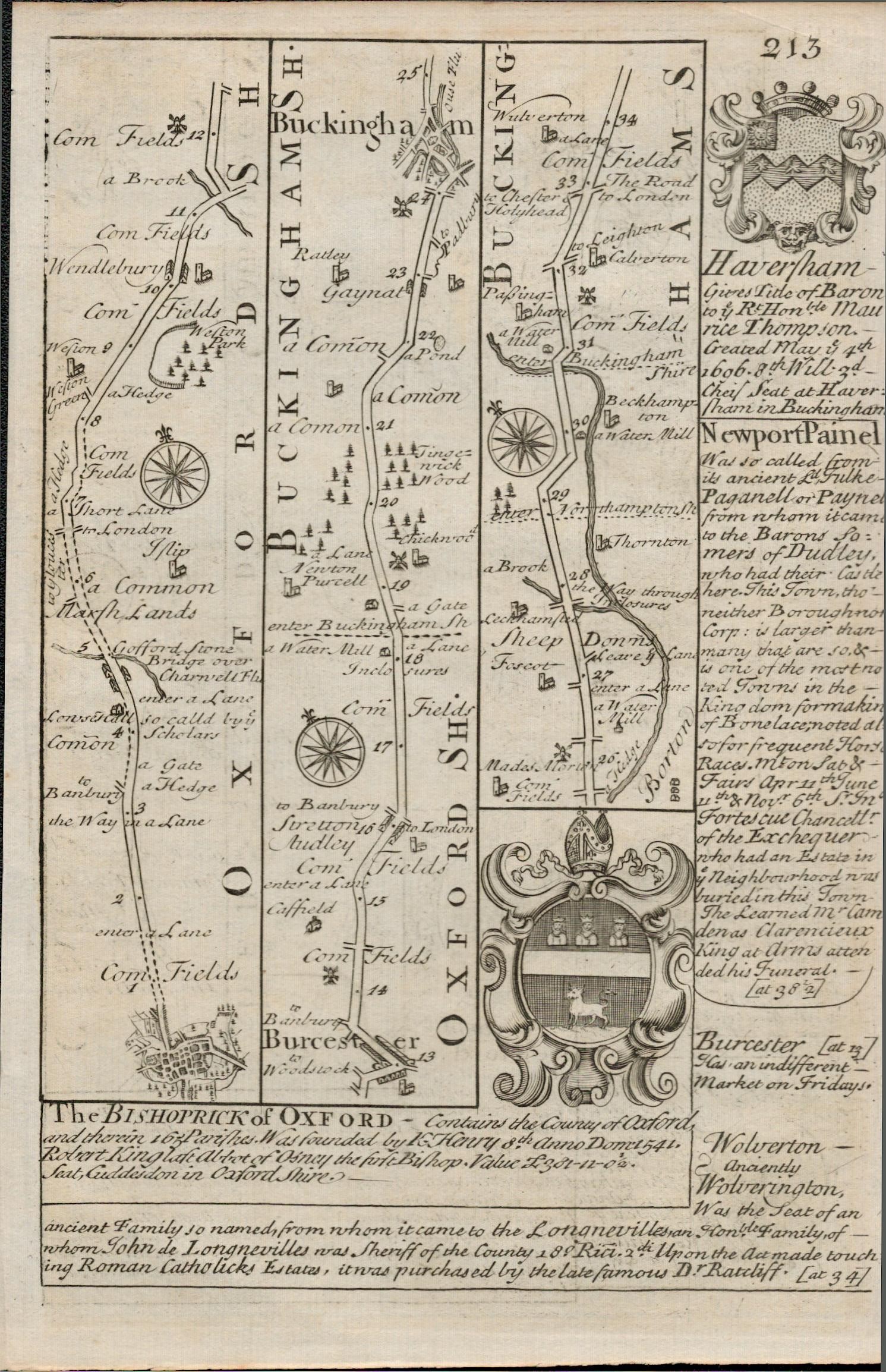Bowen 290 Yrs Old Scarce Detailed Road Map Oxford Buckingham, Bedford, Cambridge. - 2