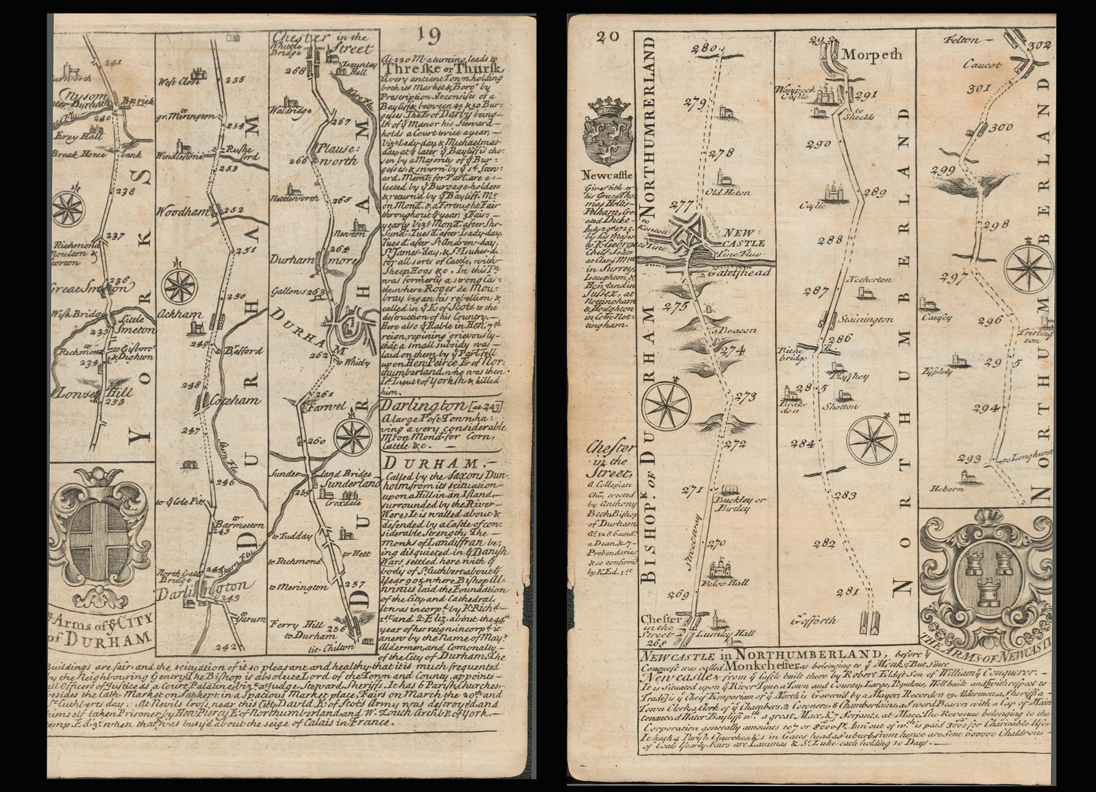 Bowen 290 Yrs Old Detailed Road Map Arms of the City of Durham & Newcastle. (1 of 4)