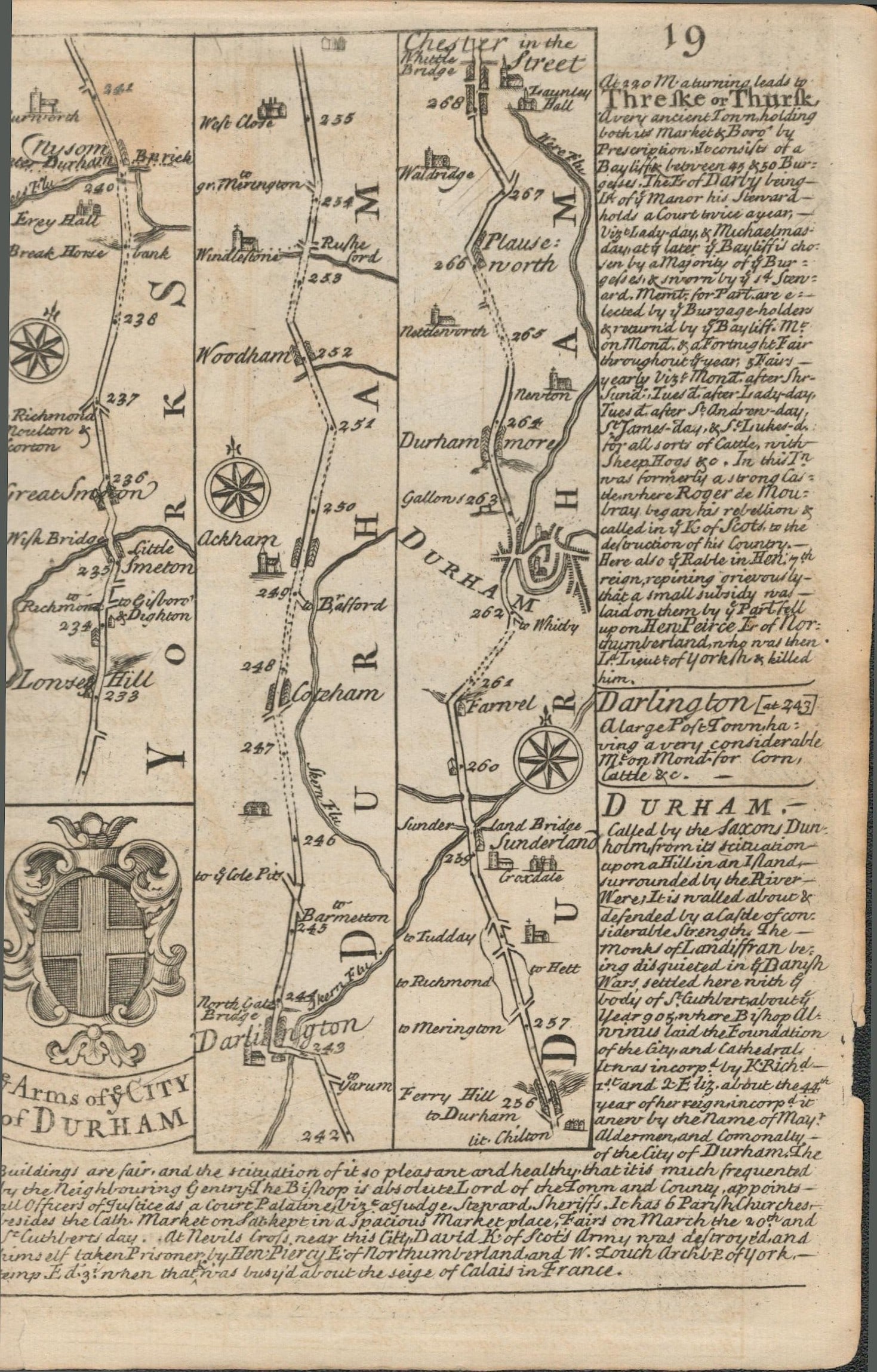 Bowen 290 Yrs Old Detailed Road Map Arms of the City of Durham & Newcastle. - 2