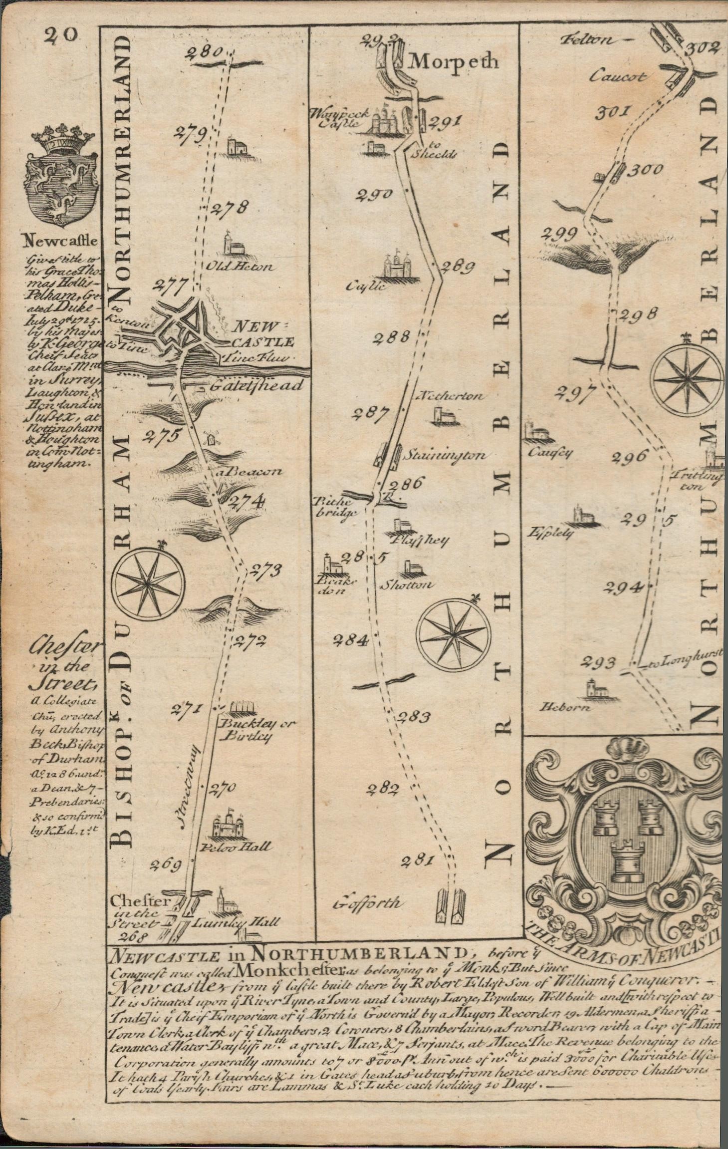 Bowen 290 Yrs Old Detailed Road Map Arms of the City of Durham & Newcastle. - 3