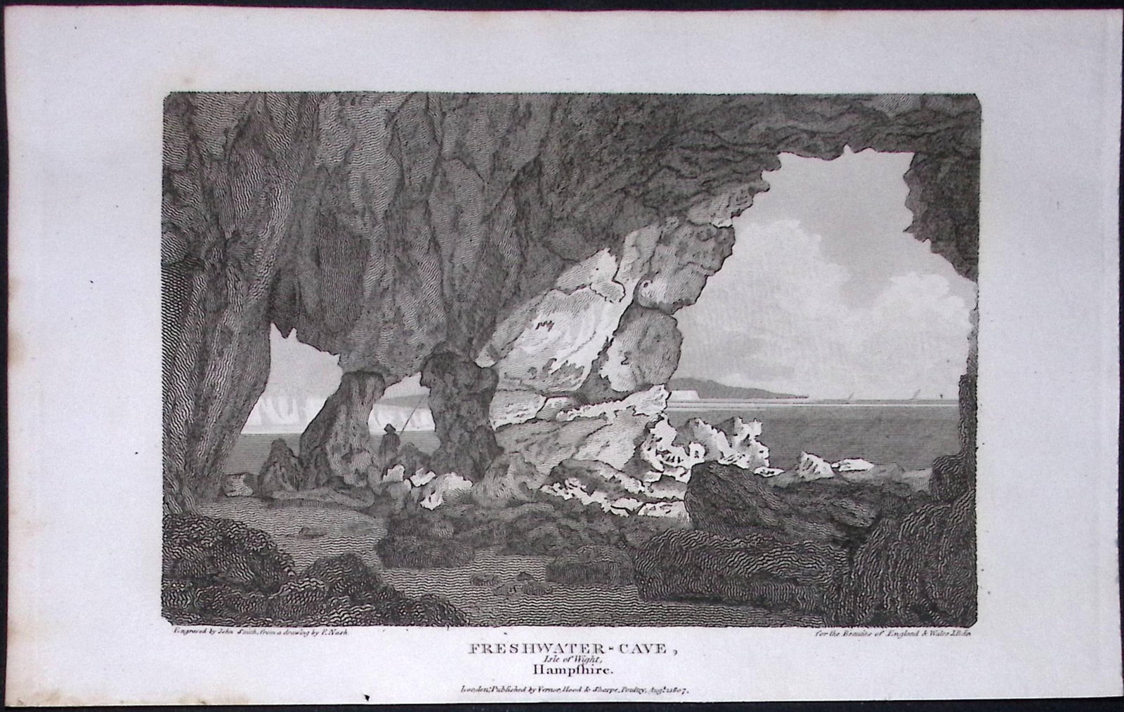 Freshwater Cave Hampshire Antique 220 Years-Old Georgian Steel-Engraving-494 (1 of 2)