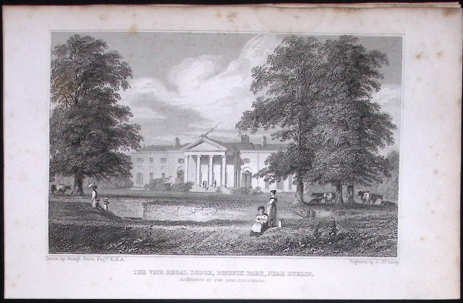 Dublin Vice Regal Lodge Phoenix Park 194 Years Old Antique Steel Engraving-28: Title: Dublin Vice Regal Lodge Phoenix Park 194 Years Old Antique Steel Engraving-28 Description: This Plate Was Removed from an Edition of Ireland Illustrated, from Original Drawings Thes