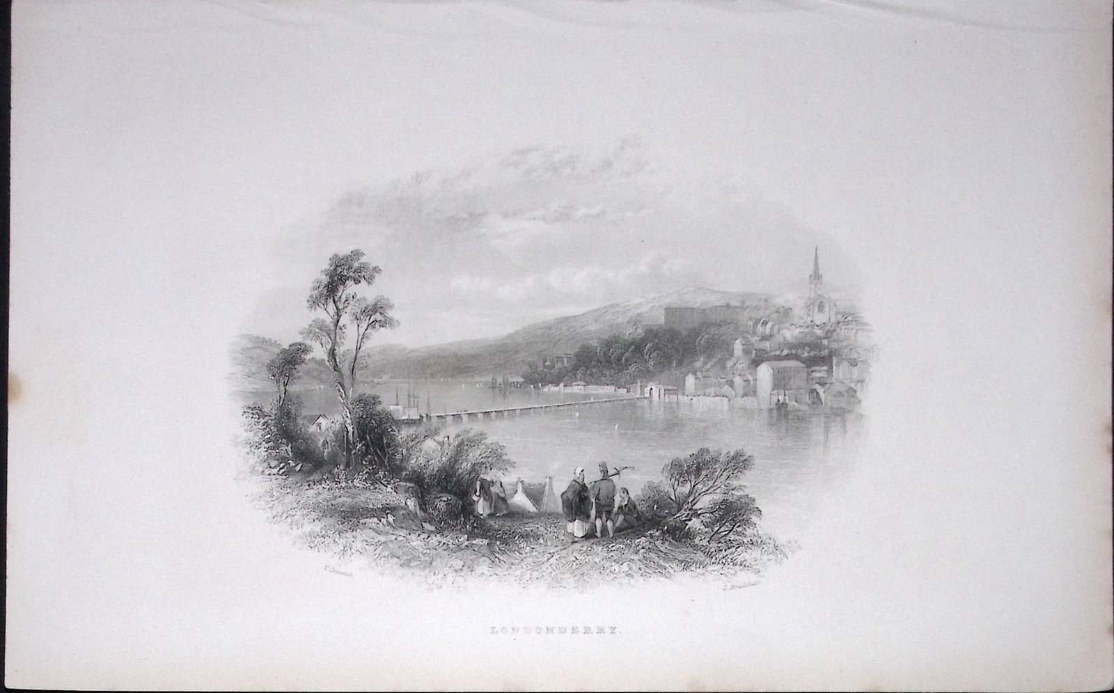 Ireland View of Londonderry Antique 183 Years-Old Steel-Engraving-44.: Title: Ireland View of Londonderry Antique 183 Years-Old Steel-Engraving-44. Description: The Scenery and Antiquities of Ireland, Illustrations by WH Barlett. And published in 1843 During the