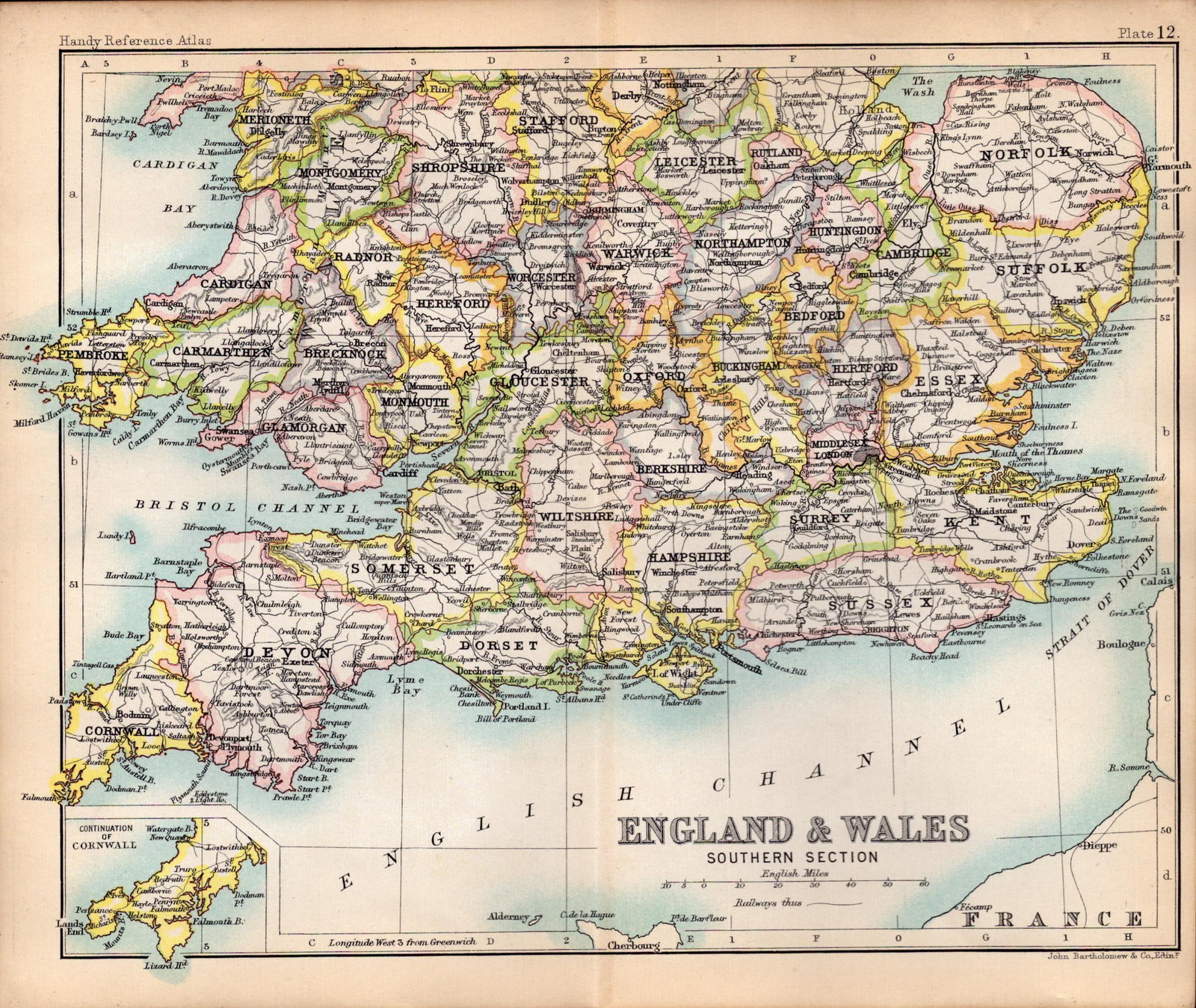 England & Wales South Area Double Sided Antique 1896 Map.: Title: England & Wales South Area Double Sided Antique 1896 Map. Description: This Antique Double-Sided Map Has Been Removed From an. 1896 Edition Handy Reference Atlas by J. G. Bartholomew.