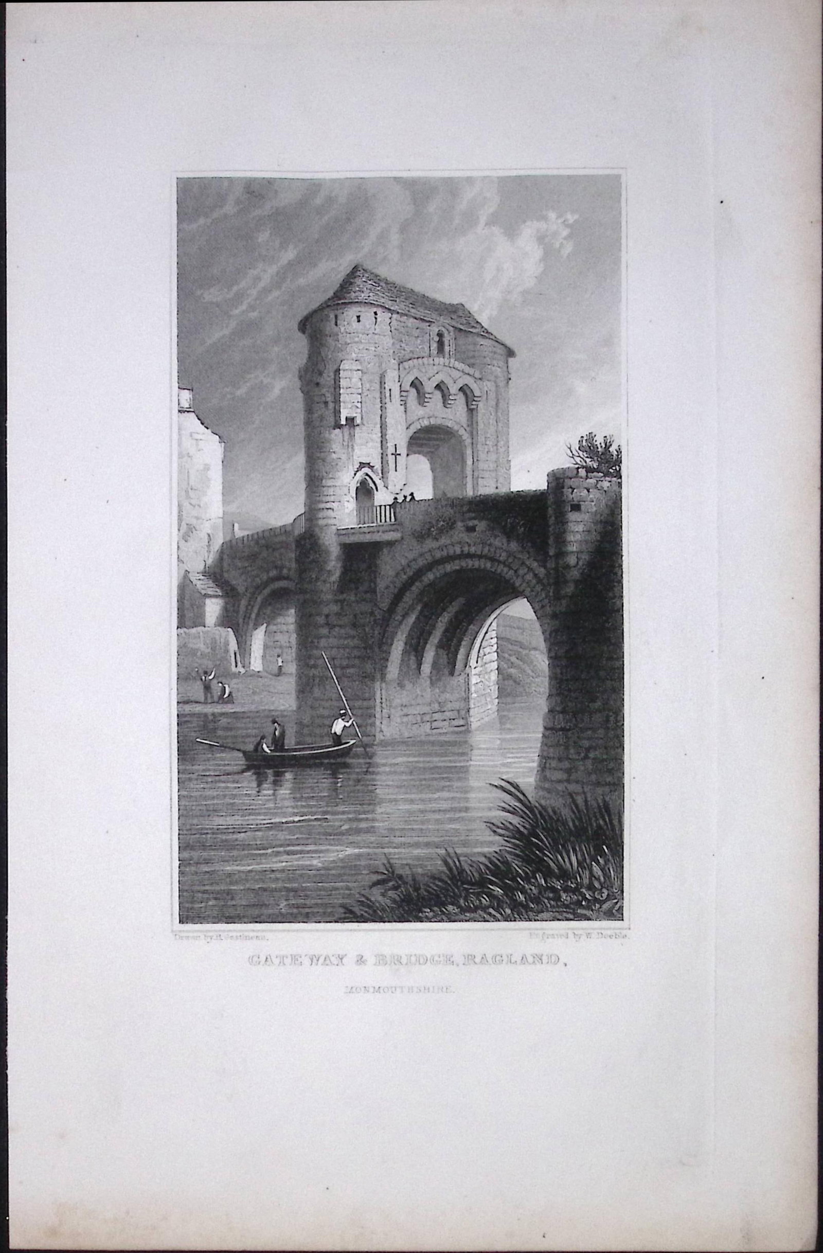 Wales Ragland Castle Gateway & Bridge Antique 166-Year-Old Steel Engraving-46 (1 of 2)