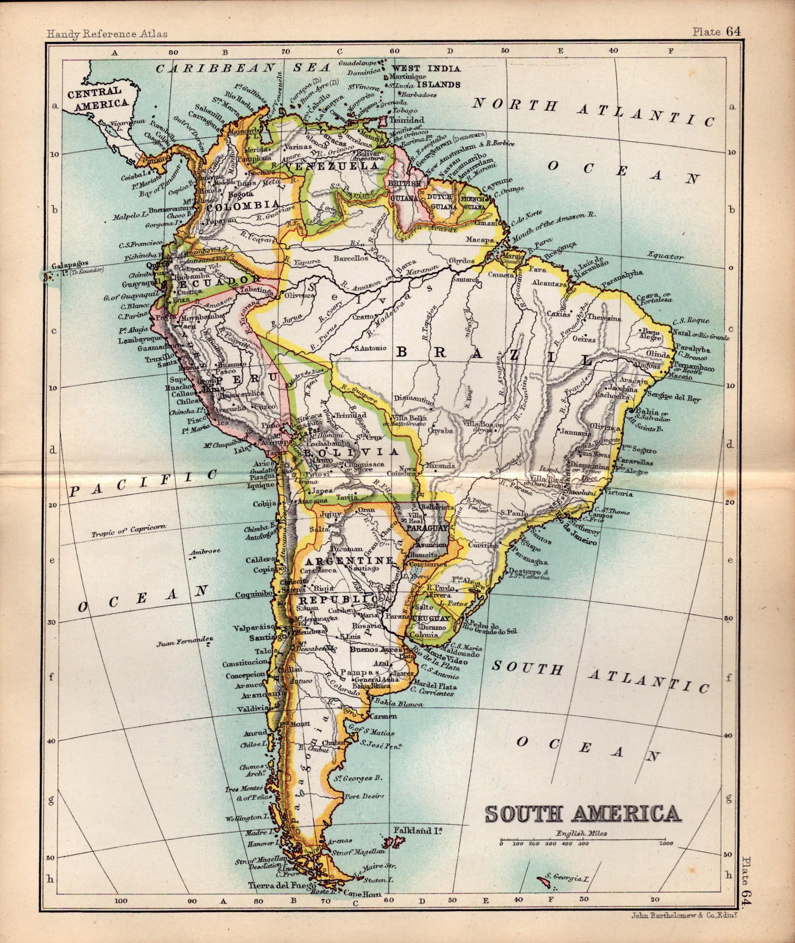 South America Double Sided Victorian Antique 1898 Map.: Title: South America Double Sided Victorian Antique 1898 Map. Description: This Antique Double-Sided Map Has Been Removed From an. 1896 Edition Handy Reference Atlas by J. G. Bartholomew. Approximate