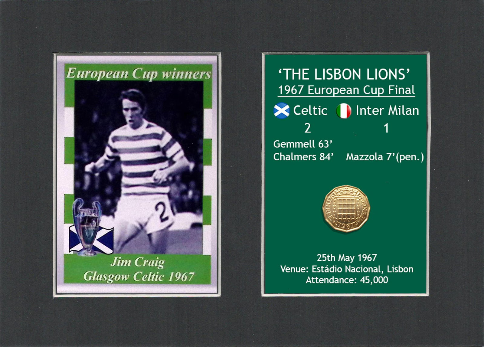 Jim Craig Celtic FC European Cup Mount & Original Half-Crown Coin Metal Art: Title: Jim Craig Celtic FC European Cup Mount & Original Half-Crown Coin Metal Art Description: Consists of a Genuine 1967 Threepenny Piece. The Year Celtic Became the First British Club to win