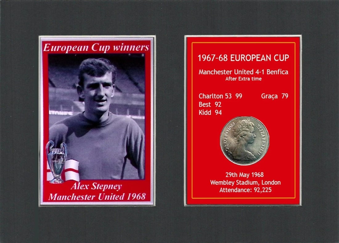 Alex Stepney Manchester United 1968 European Cup Mounted Coin Metal Art: Title: Alex Stepney Manchester United 1968 European Cup Mounted Coin Metal Art Description: Consists of a Genuine 1968 Ten Pence Piece. The Year Man United Became the First English Club to Win the