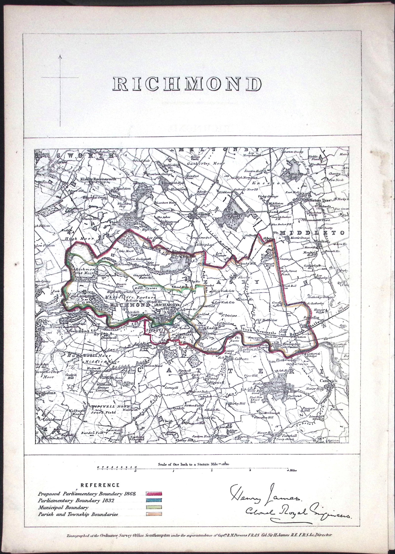 Richmond Yorkshire Boundary Commission Coloured 157-Year-Old Antique Map. (1 of 2)