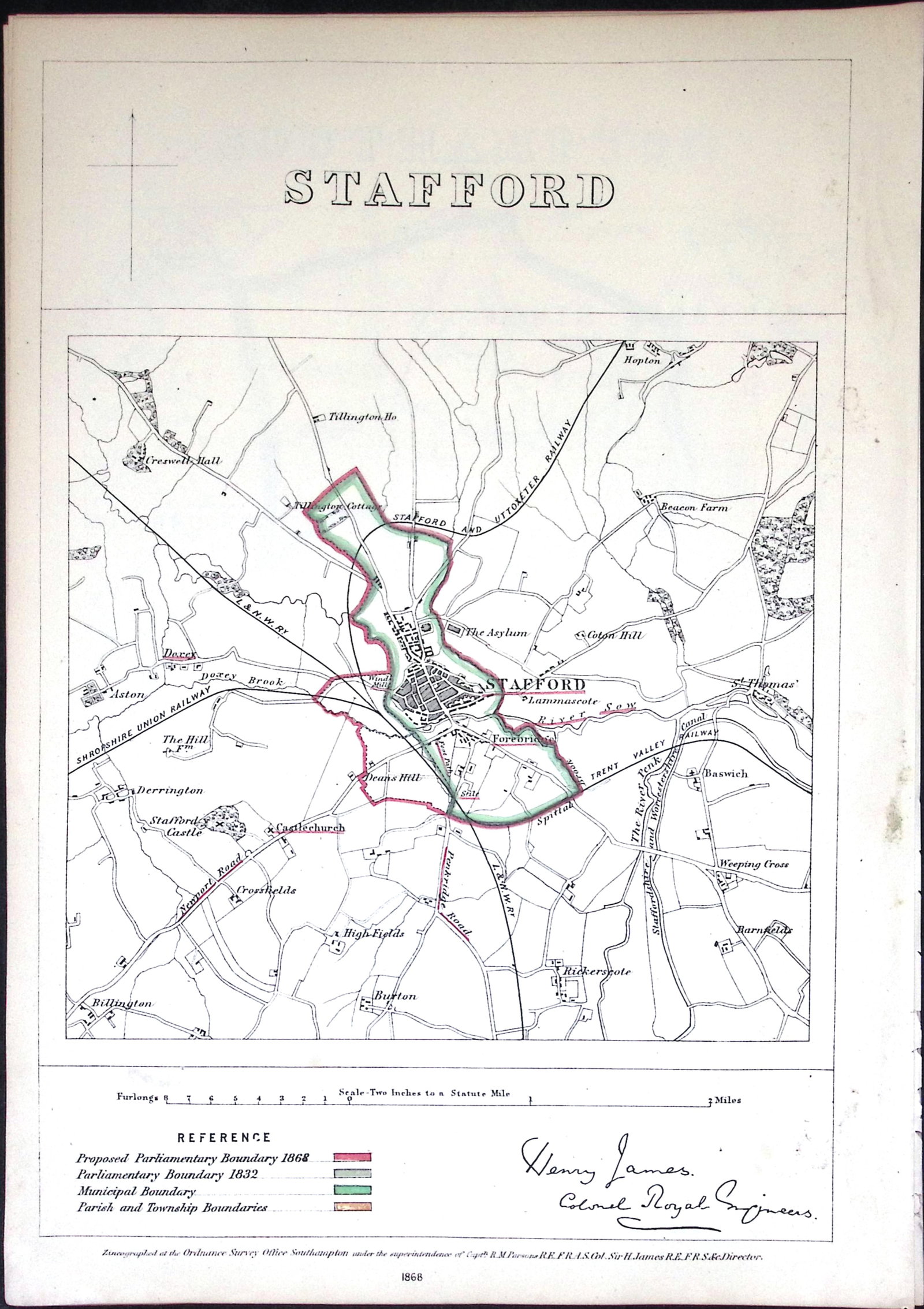 Stafford Borough Boundary Commission Coloured 157-Year-Old Antique Map.: Title: Stafford Borough Boundary Commission Coloured 157-Year-Old Antique Map. Description: Stafford Borough Boundary Commission Coloured 157-Year-Old Antique Map. Original Antique Lithograph Map