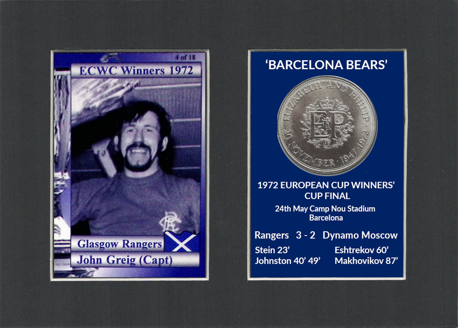 John Greig Captain Rangers FC Wins 1972 ECWC Mounted Coin Metal Art Display: Title: John Greig Captain Rangers FC Wins 1972 ECWC Mounted Coin Metal Art Display Description: Rangers FC Wins 1972 ECWC Mounted Card & Coin Gift Set. Consists of a Genuine 1972 Uncirculated
