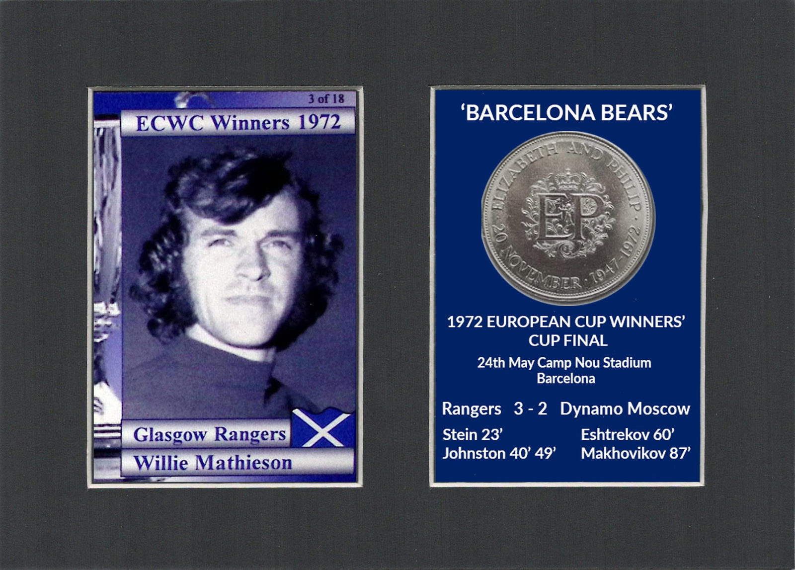 Willie Mathieson Rangers FC Wins 1972 ECWC Mounted Card & Coin Metal Art Display: Title: Willie Mathieson Rangers FC Wins 1972 ECWC Mounted Card & Coin Metal Art Display Description: Rangers FC Wins 1972 ECWC Mounted Card & Coin Gift Set. Consists of a Genuine 1972 U