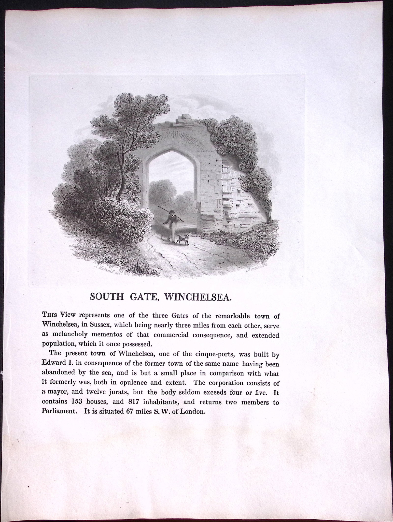 J.M.W Turner ""Sussex South Gate Winchelsea” Views from a Southern Coast Rare Engraving-57: Title: J.M.W Turner "Sussex South Gate Winchelsea” Views from a Southern Coast Rare Engraving-57 Description: This Rare After J.M.W. Turner Copper Engraved Plate Was Removed from a Nearly 200