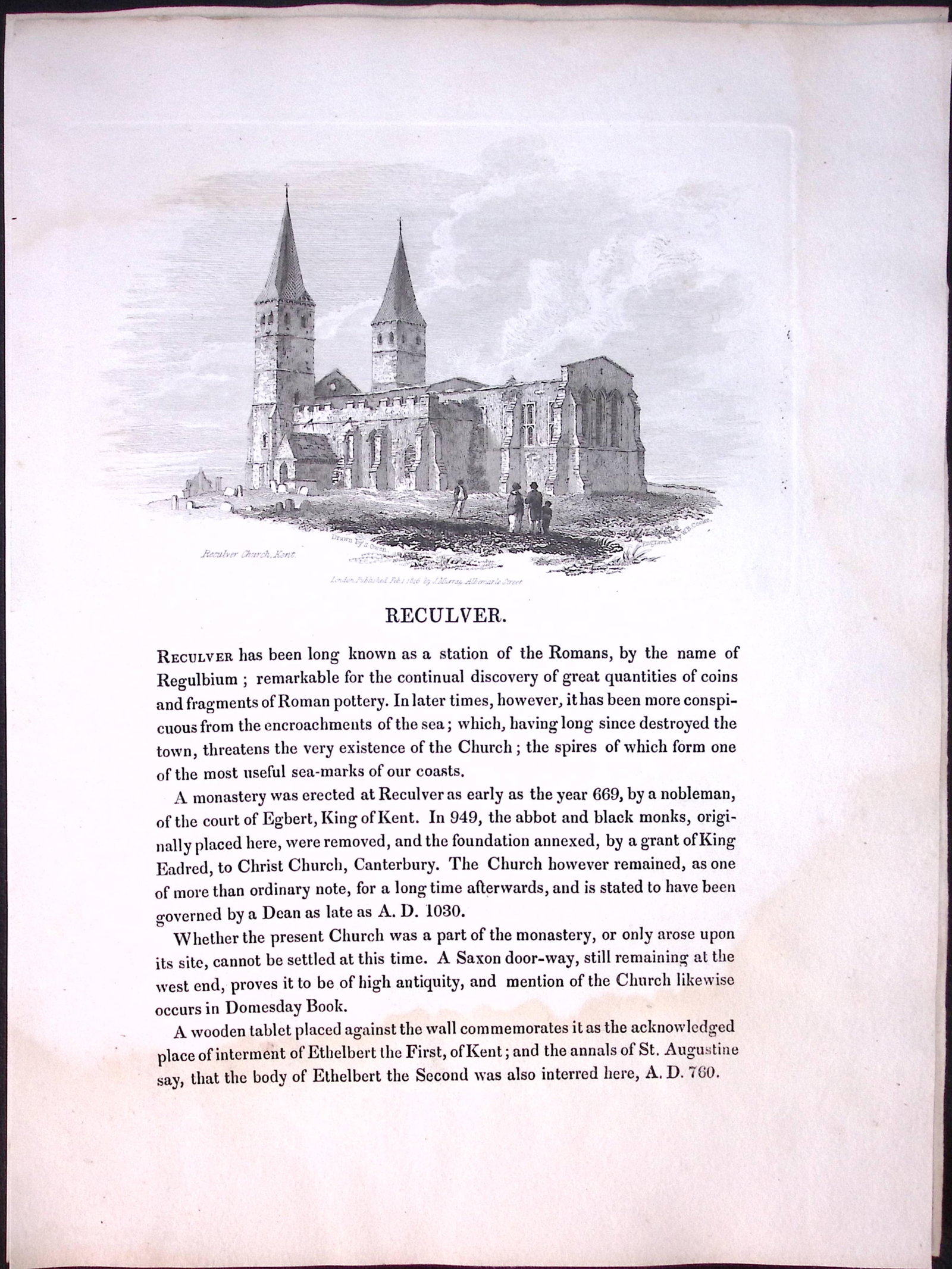 J.M.W Turner “Kent-Reculver Church” Views from a Southern Coast Rare Engraving-50: Title: J.M.W Turner “Kent-Reculver Church” Views from a Southern Coast Rare Engraving-50 Description: This Rare After J.M.W. Turner Copper Engraved Plate Was Removed from a Nearly 200 Y