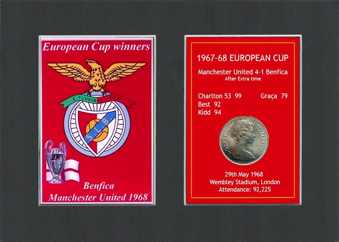 The Finalists Manchester United 1968 European Cup Mounted Coin Metal Art: Title: The Finalists Manchester United 1968 European Cup Mounted Coin Metal Art Description: Consists of a Genuine 1968 Ten Pence Piece. The Year Man United Became the First English Club to Win the