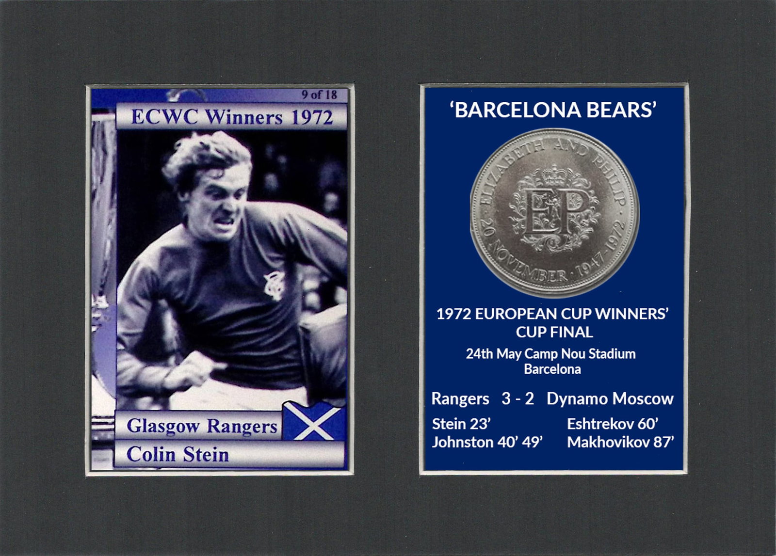 Colin Stein Rangers FC Wins 1972 ECWC Mounted Card & Coin Metal Art Display: Title: Colin Stein Rangers FC Wins 1972 ECWC Mounted Card & Coin Metal Art Display Description: Rangers FC Wins 1972 ECWC Mounted Card & Coin Gift Set. Consists of a Genuine 1972 Uncirc