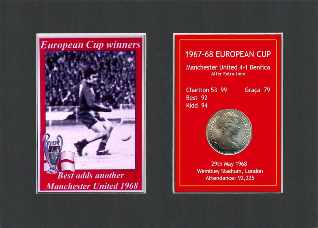 George Best Gets The 2nd Manchester United 1968 European Cup Mounted Coin Metal Art: Title: George Best Gets The 2nd Manchester United 1968 European Cup Mounted Coin Metal Art Description: Consists of a Genuine 1968 Ten Pence Piece. The Year Man United Became the First English Club