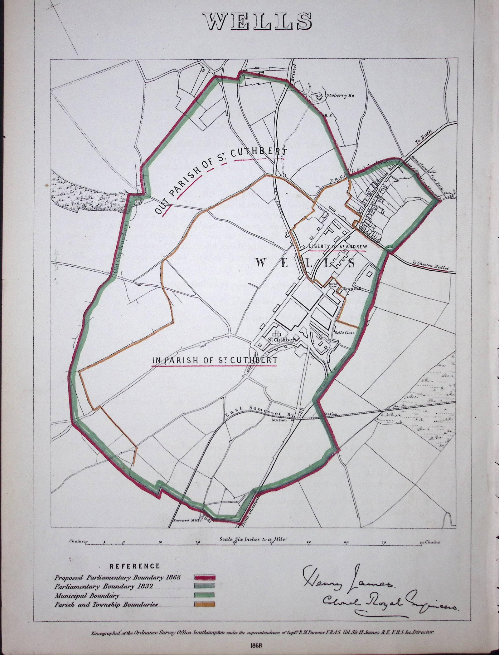 Wells Somerset Boundary Commission 157-Year-Old Coloured Antique Map. (1 of 1)