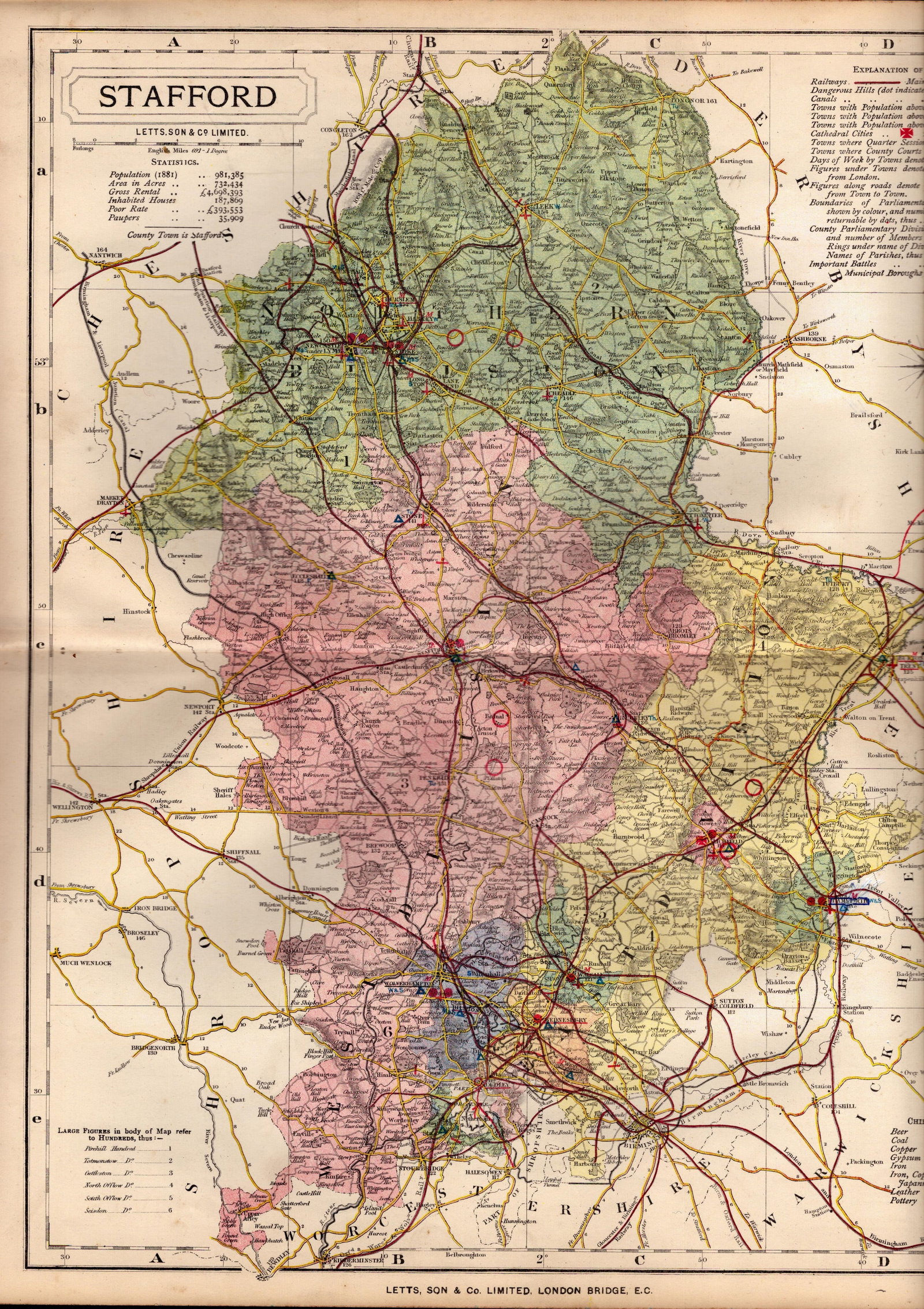 County of Staffordshire Large Victorian Letts 1884 Antique Coloured Map.: Title: County of Staffordshire Large Victorian Letts 1884 Antique Coloured Map. Description: Antique Map Which Was Removed from an Edition of Letts Popular Atlas. Published In 1884 During the Reign