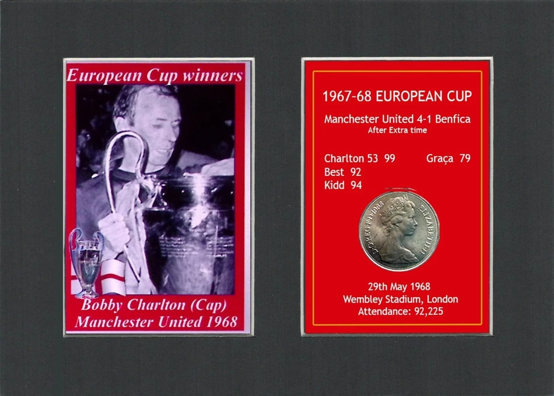 Bobby Charlton Manchester United 1968 European Cup Mounted Coin Metal Art: Title: Bobby Charlton Manchester United 1968 European Cup Mounted Coin Metal Art Description: Consists of a Genuine 1968 Ten Pence Piece. The Year Man United Became the First English Club to Win the