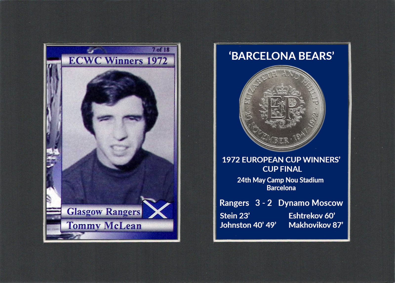 Tommy McLean Rangers FC Wins 1972 ECWC Mounted Card & Coin Metal Art Display: Title: Tommy McLean Rangers FC Wins 1972 ECWC Mounted Card & Coin Metal Art Display Description: Rangers FC Wins 1972 ECWC Mounted Card & Coin Gift Set. Consists of a Genuine 1972 Uncir