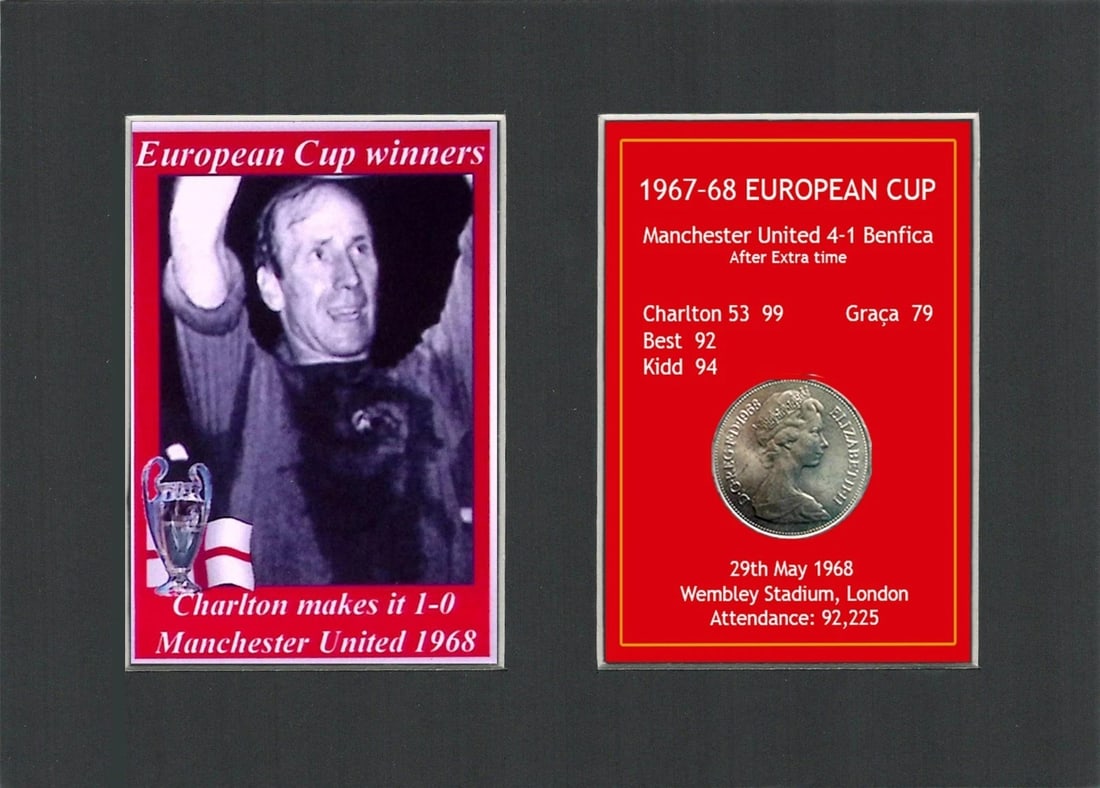 Charlton Makes It 1-0 Manchester United 1968 European Cup Mounted Coin Metal Art: Title: Charlton Makes It 1-0 Manchester United 1968 European Cup Mounted Coin Metal Art Description: Consists of a Genuine 1968 Ten Pence Piece. The Year Man United Became the First English Clu