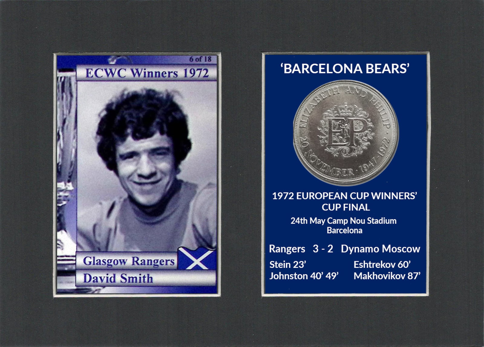 David Smith Rangers FC Wins 1972 ECWC Mounted Card & Coin Metal Art Display: Title: David Smith Rangers FC Wins 1972 ECWC Mounted Card & Coin Metal Art Display Description: Rangers FC Wins 1972 ECWC Mounted Card & Coin Gift Set. Consists of a Genuine 1972 Uncirc
