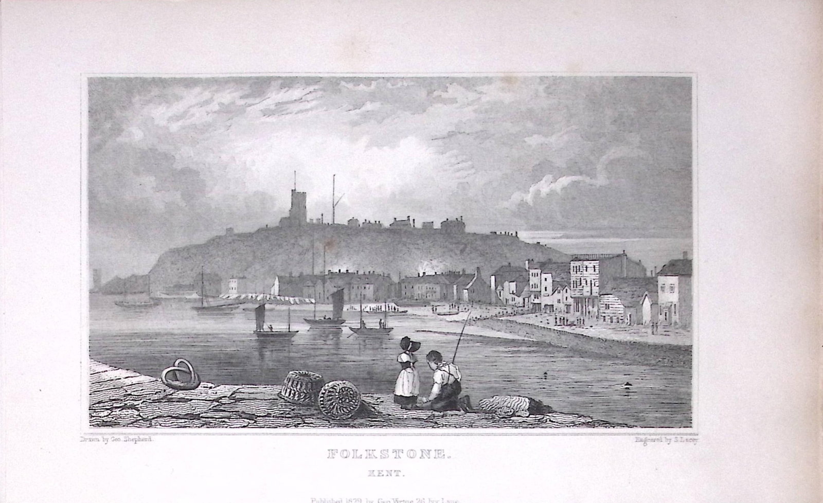 Folkestone View of The Town Kent 1829 Antique 197 Years-Old Steel Engraving-9 (1 of 2)