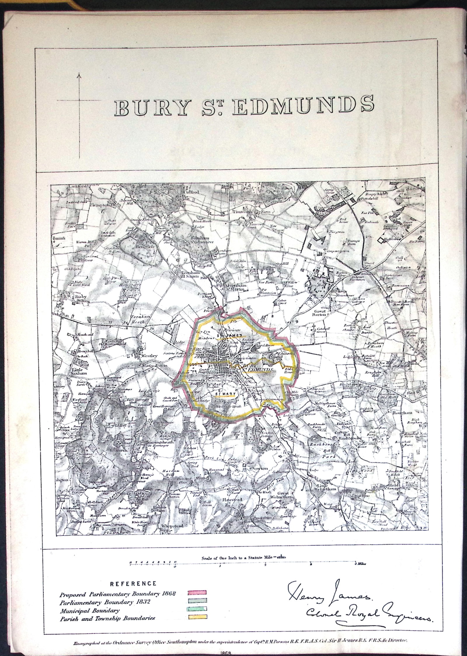 Bury St Edmunds Suffolk Boundary Commission 157-Year-Old Coloured Antique Map. (1 of 2)