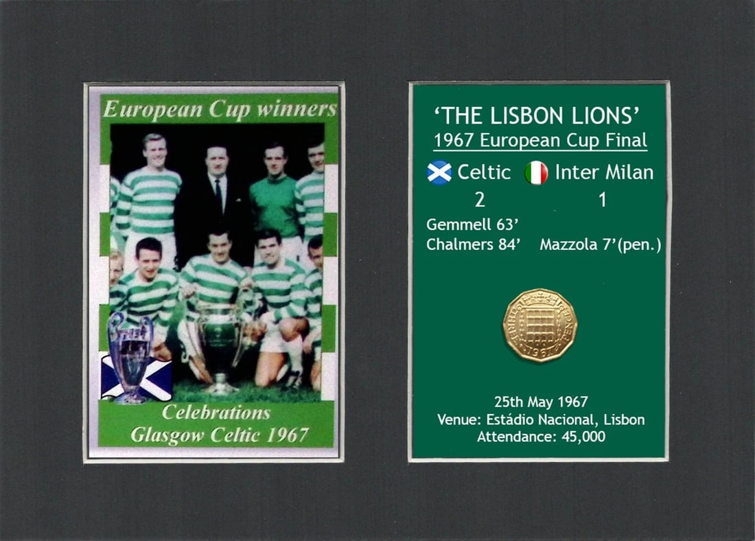 Champions Celtic FC European Cup Mount & Original Half-Crown Coin Metal Art: Title: Champions Celtic FC European Cup Mount & Original Half-Crown Coin Metal Art Description: Consists of a Genuine 1967 Threepenny Piece. The Year Celtic Became the First British Club to win